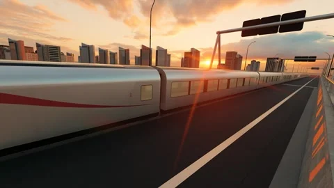 High-speed rail train enters the station and passes through the city Video stock 288180123