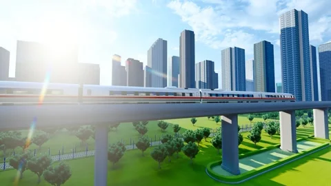 High speed rail train passing through the city at sunrise Stock Footage 242498427