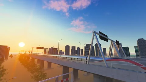 High-speed rail trains shuttle across city bridges in the early morning Stock Footage 288180400