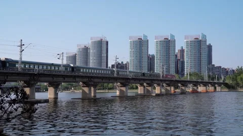 High speed railway train in motion China Railway Harmony Railway Elevated Touris Stock Footage 243038378