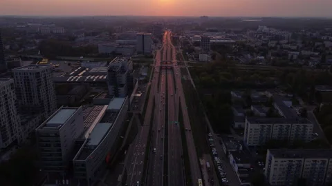 High-speed road in Katowice from a drone. Office buildings at sunset Video stock 190482454