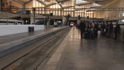 High speed train arriving at a station Stock Footage 71555680