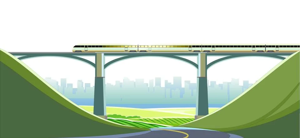 High-speed train on bridge. Fast transport. Railway with locomotive. Hills Stock Illustration