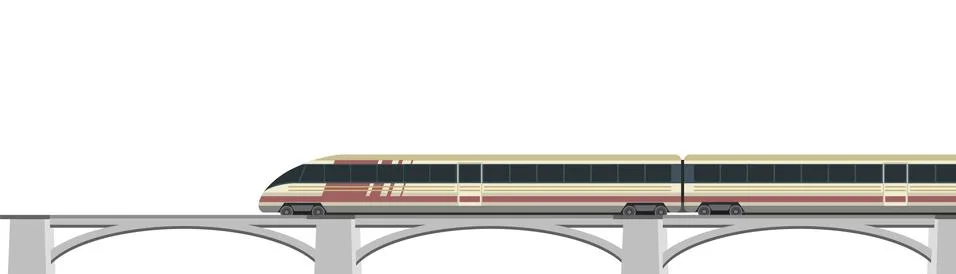 High-speed train on bridge. Fast transport. Railway with locomotive. Modern o Stock Illustration