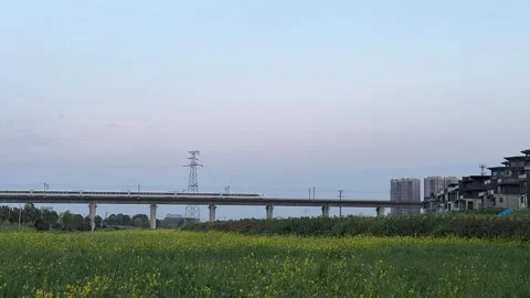 High Speed Train Crossing Bridge with Canola Field and Power Tower in Chengd 動画素材 334698305