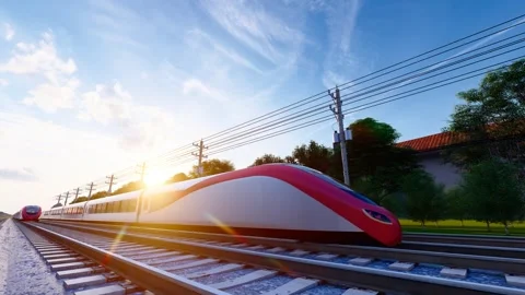 High-speed train driving through the countryside in the early morning Stock Footage 291002867