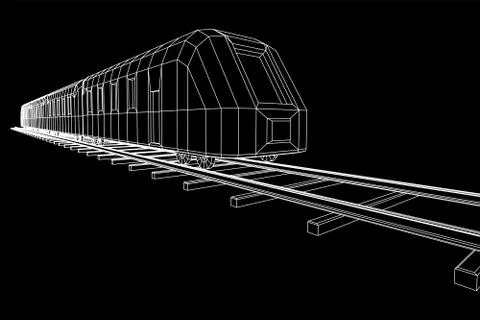 High speed train in motion. Vector rendering of 3d. Wire-frame style Stock Illustration