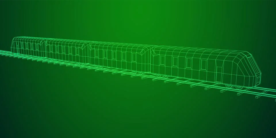 High speed train in motion. Vector rendering of 3d. Wire-frame style Stock Illustration