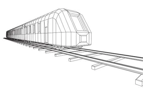 High speed train in motion. Vector rendering of 3d. Wire-frame style Stock Illustration