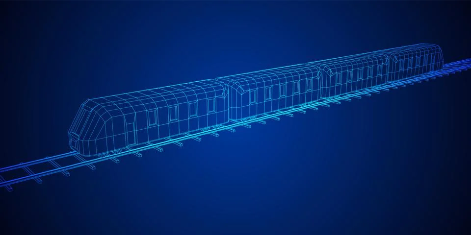 High speed train in motion. Vector rendering of 3d. Wire-frame style Stock Illustration