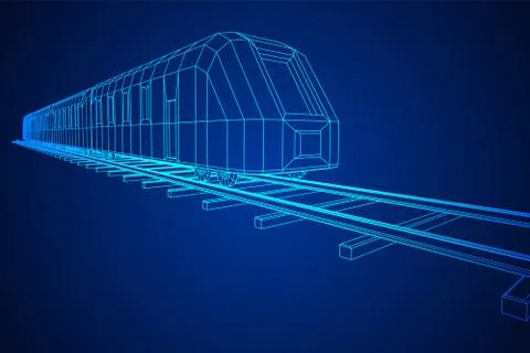 High speed train in motion. Vector rendering of 3d. Wire-frame style Stock Illustration