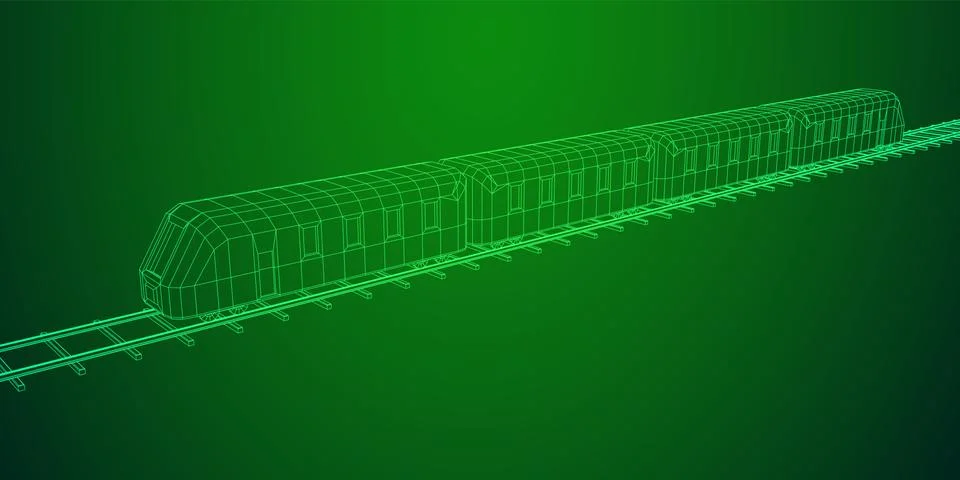 High speed train in motion. Vector rendering of 3d. Wire-frame style Stock Illustration