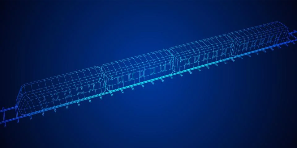 High speed train in motion. Vector rendering of 3d. Wire-frame style Illustrazione stock