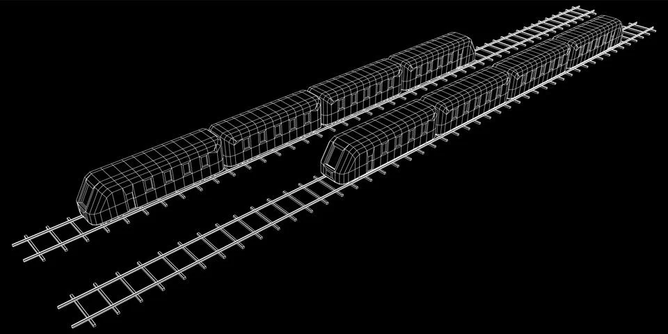 High speed train in motion. Vector rendering of 3d. Wire-frame style Stock Illustration