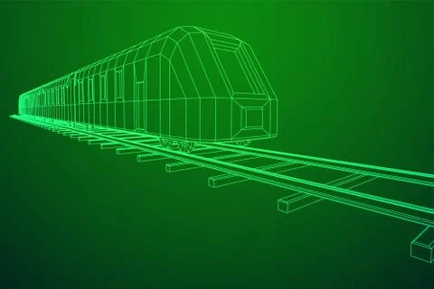 High speed train in motion. Vector rendering of 3d. Wire-frame style Stock Illustration