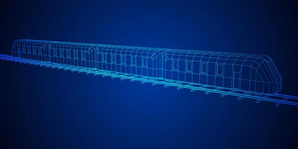 High speed train in motion. Vector rendering of 3d. Wire-frame style Stock Illustration