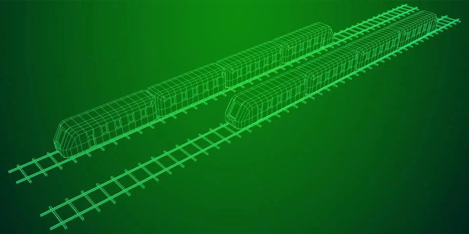 High speed train in motion. Vector rendering of 3d. Wire-frame style Stock Illustration