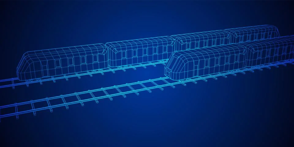 High speed train in motion. Vector rendering of 3d. Wire-frame style Stock Illustration
