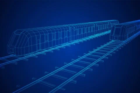 High speed train in motion. Vector rendering of 3d. Wire-frame style Stock Illustration