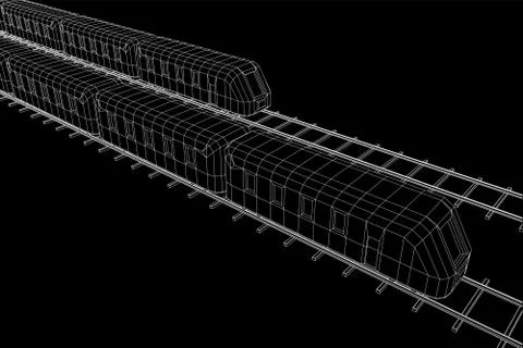 High speed train in motion. Vector rendering of 3d. Wire-frame style Stock Illustration