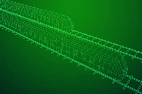 High speed train in motion. Vector rendering of 3d. Wire-frame style Stock Illustration
