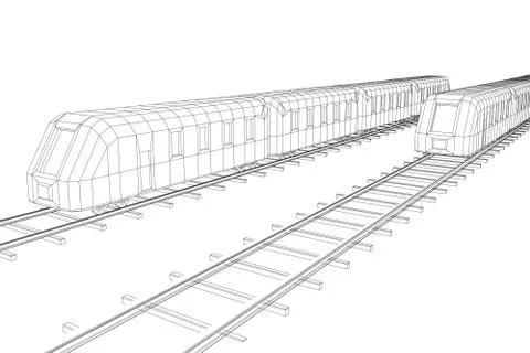 High speed train in motion. Vector rendering of 3d. Wire-frame style Stock Illustration