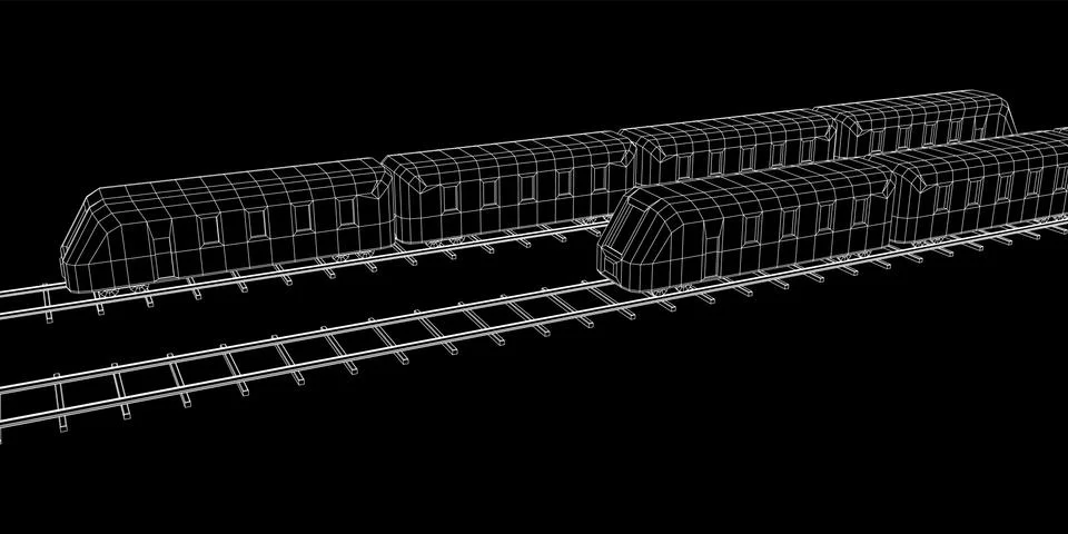 High speed train in motion. Vector rendering of 3d. Wire-frame style Stock Illustration