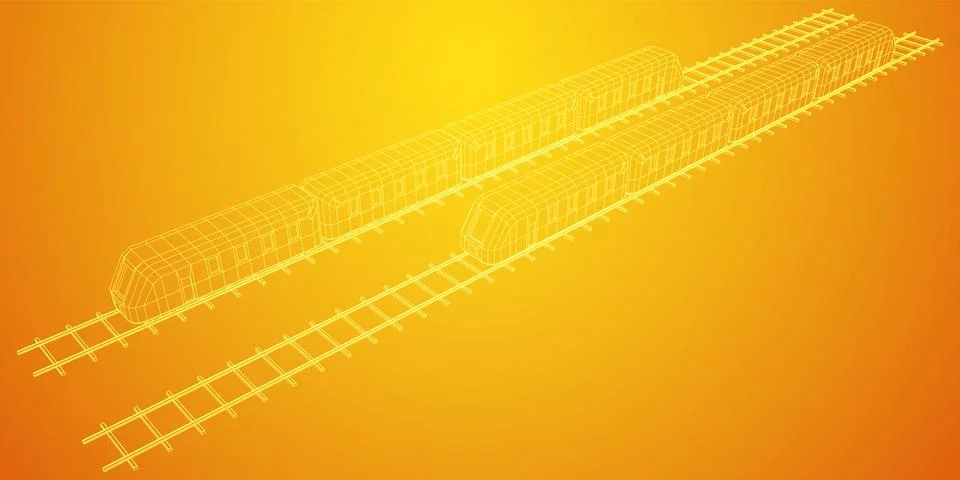 High speed train in motion. Vector rendering of 3d. Wire-frame style Stock Illustration