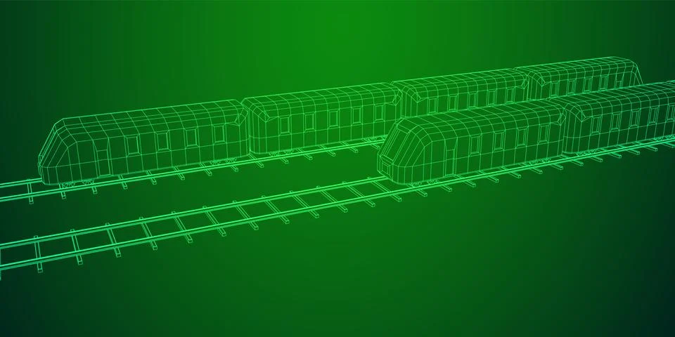 High speed train in motion. Vector rendering of 3d. Wire-frame style Stock Illustration