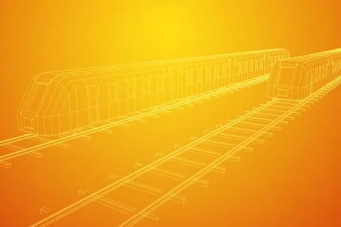 High speed train in motion. Vector rendering of 3d. Wire-frame style Stock Illustration