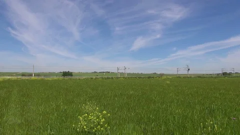 High speed train over green field Stock Footage 70683105