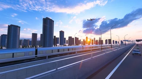 High-speed train passes through city bridge at sunrise Stock Footage 291002929