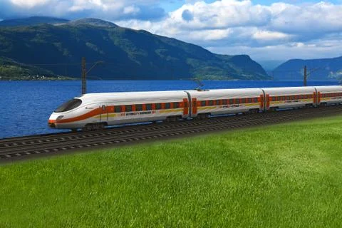 High speed train passing by the mountains and fjords Stock Illustration