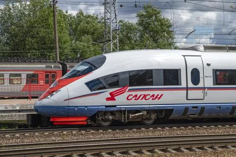 High-speed train "Sapsan" close-up. Bologoe Stock Photos