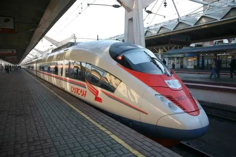 High-speed train "Sapsan" at the platform at the Leningradsky railway station Stock Photos