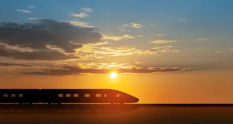 High speed train silhouette in motion at sunset. Fast moving modern passeng.. Stock Photos