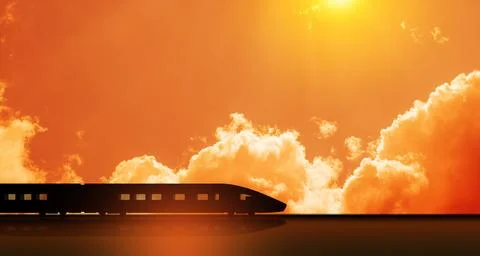 High speed train silhouette in motion at sunset. Fast moving modern passeng.. Stock Photos