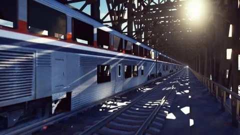 High speed train, the train passes on the railway bridge at sunrise. Public Stock Illustration