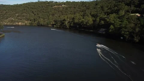 High Speed Water Skiing on River on Sunny Day in Australia - Hawkesbury River Video stock 150291983