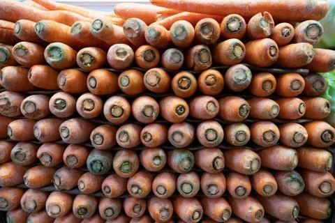 High stack of carrot facing end side on shelf in grocery store Stock Photos