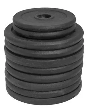 High stack of dumbbell discs isolated on white background Stock Photos