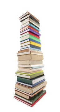 High stack of many different books isolated on white Foto stock