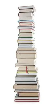High stack of many different books isolated on white Foto stock