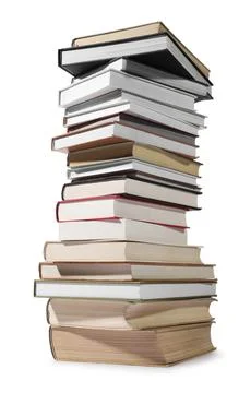 High stack of many different books isolated on white Foto stock