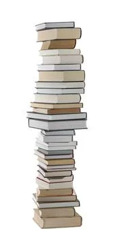 High stack of many different books isolated on white Foto stock