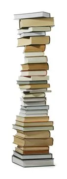 High stack of many different books isolated on white Foto stock