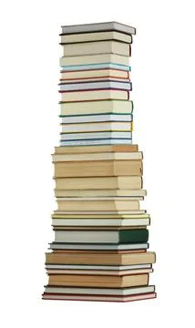 High stack of many different books isolated on white Foto stock