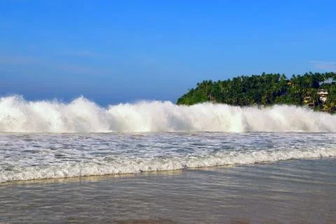 High storm waves on the ocean shore.  Palm trees on background. Stock Photos