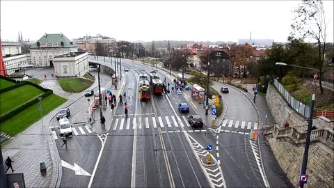 High Street View Light Surface Train Old Town Square Bridge in Warsaw, Poland Stock Footage 77839427