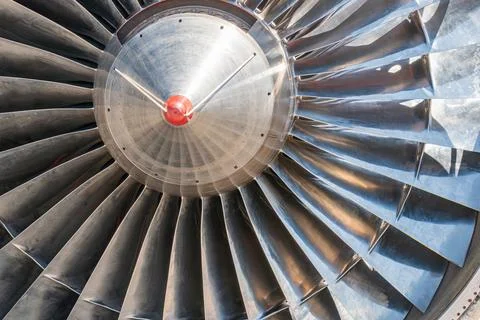 High-Strength Jet Engine Turbine Blades and Hub Close-Up Stock Photos